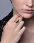 model wearing Rekhale gold ring with malachite, handcrafted Italian fine jewellery