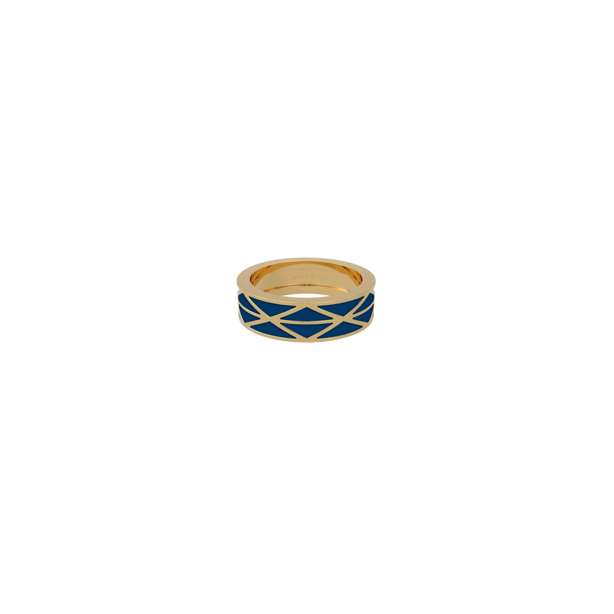 gadir enamel ring front view, gold ring with perforated rhombus pattern filled with coloured enamel, handcrafted Italian fine jewellery deep blue