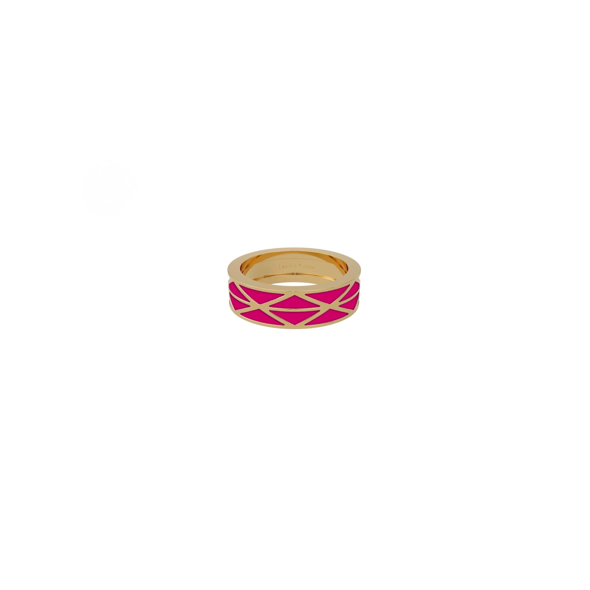 gadir enamel ring front view, gold ring with perforated rhombus pattern filled with coloured enamel, handcrafted Italian fine jewellery pink magenta